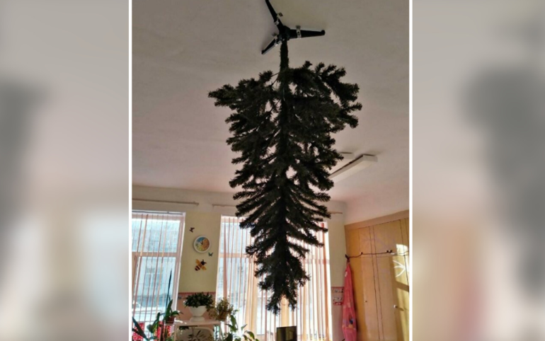 Креативная идея: В Омске родители дошкольников  прибили елку к потолку